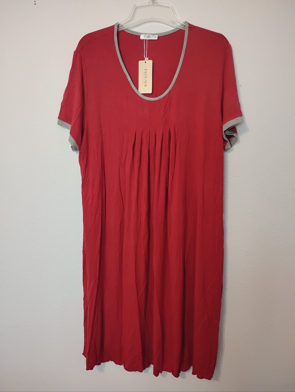 Ekouaer Red Grey Trim Rayon Tunic Dress Nightgown